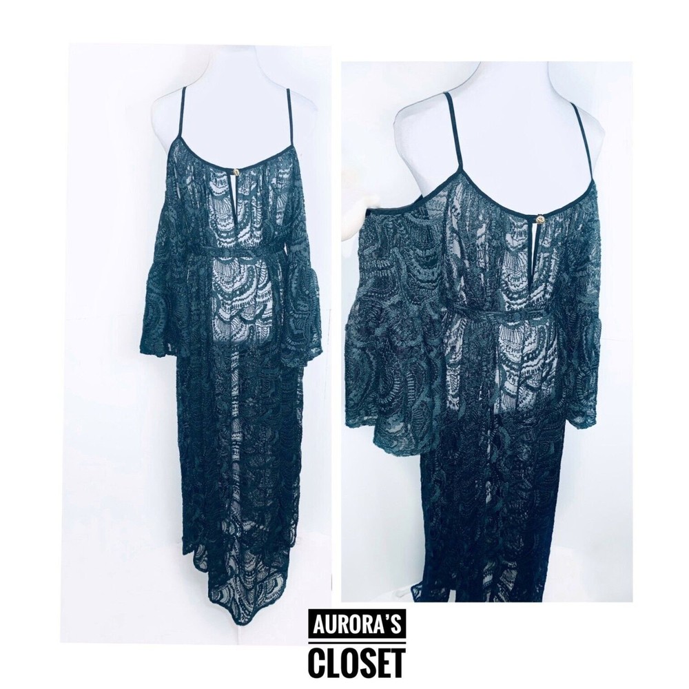Odylyne S Black Lace Dress Sheer Cold Shoulder  Belt Scallop Bell Oversized $500